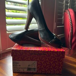 Tory Burch stacked heel black leather pumps